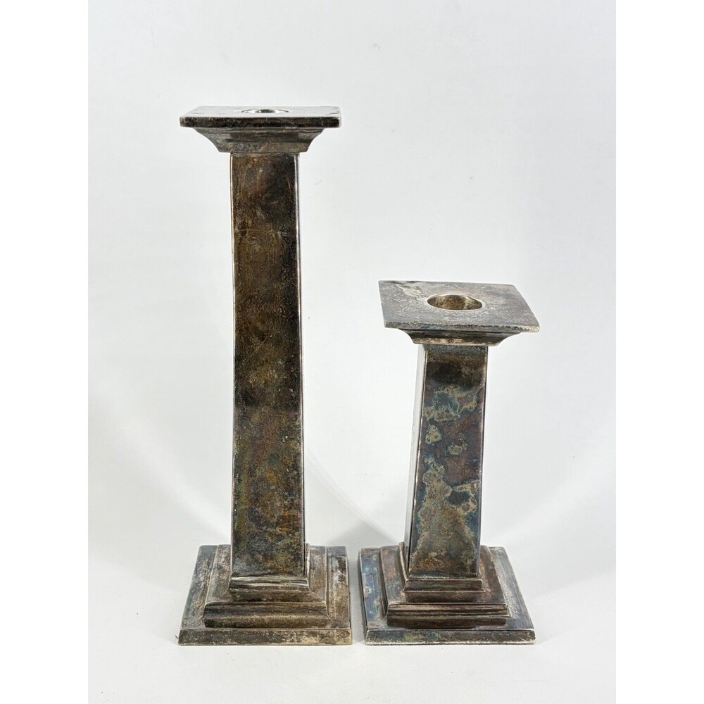 Pottery Barn Silver Metal Square Base Taper Candlesticks Pair Halloween
